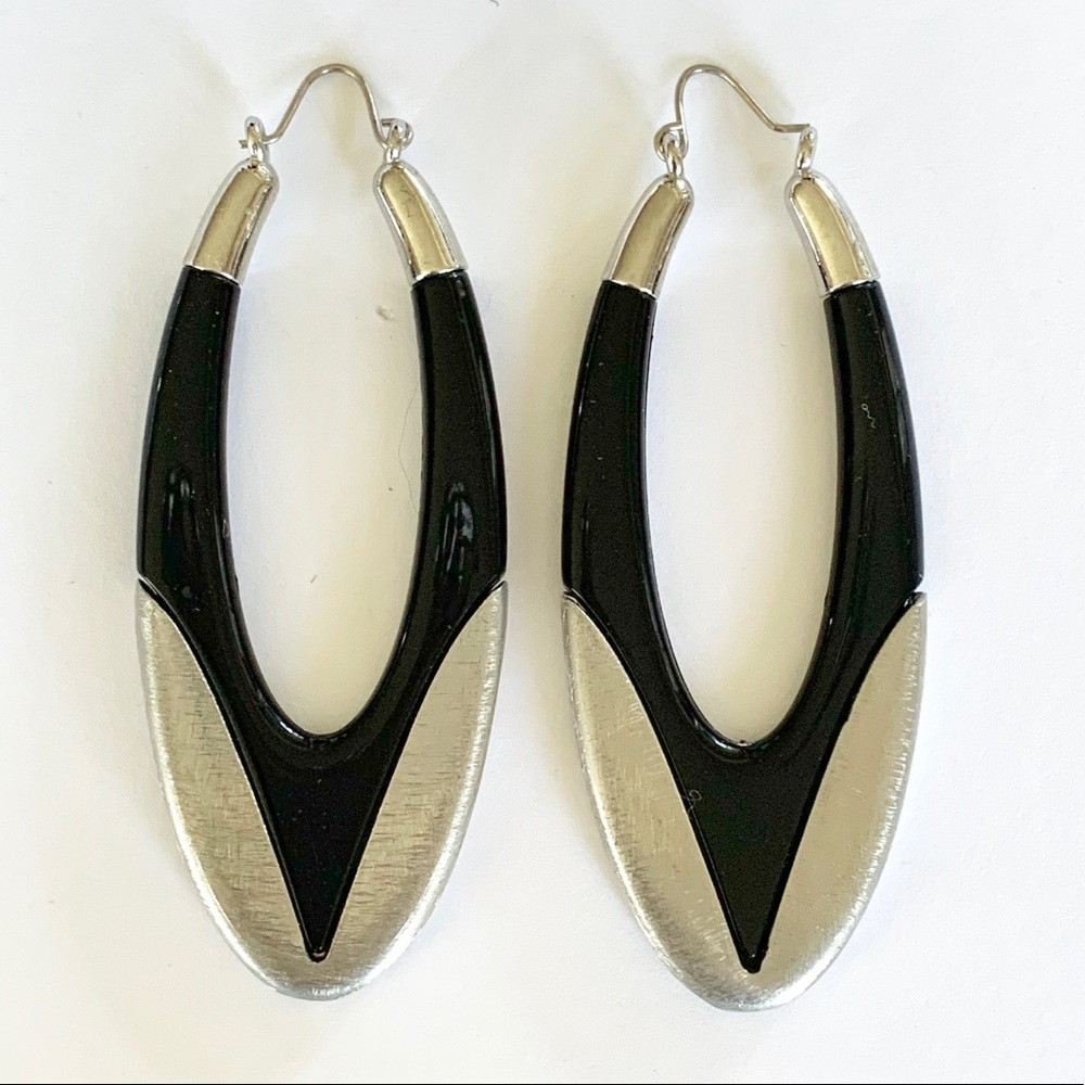 Black & Silver Two Tone Oval Hoop Earrings